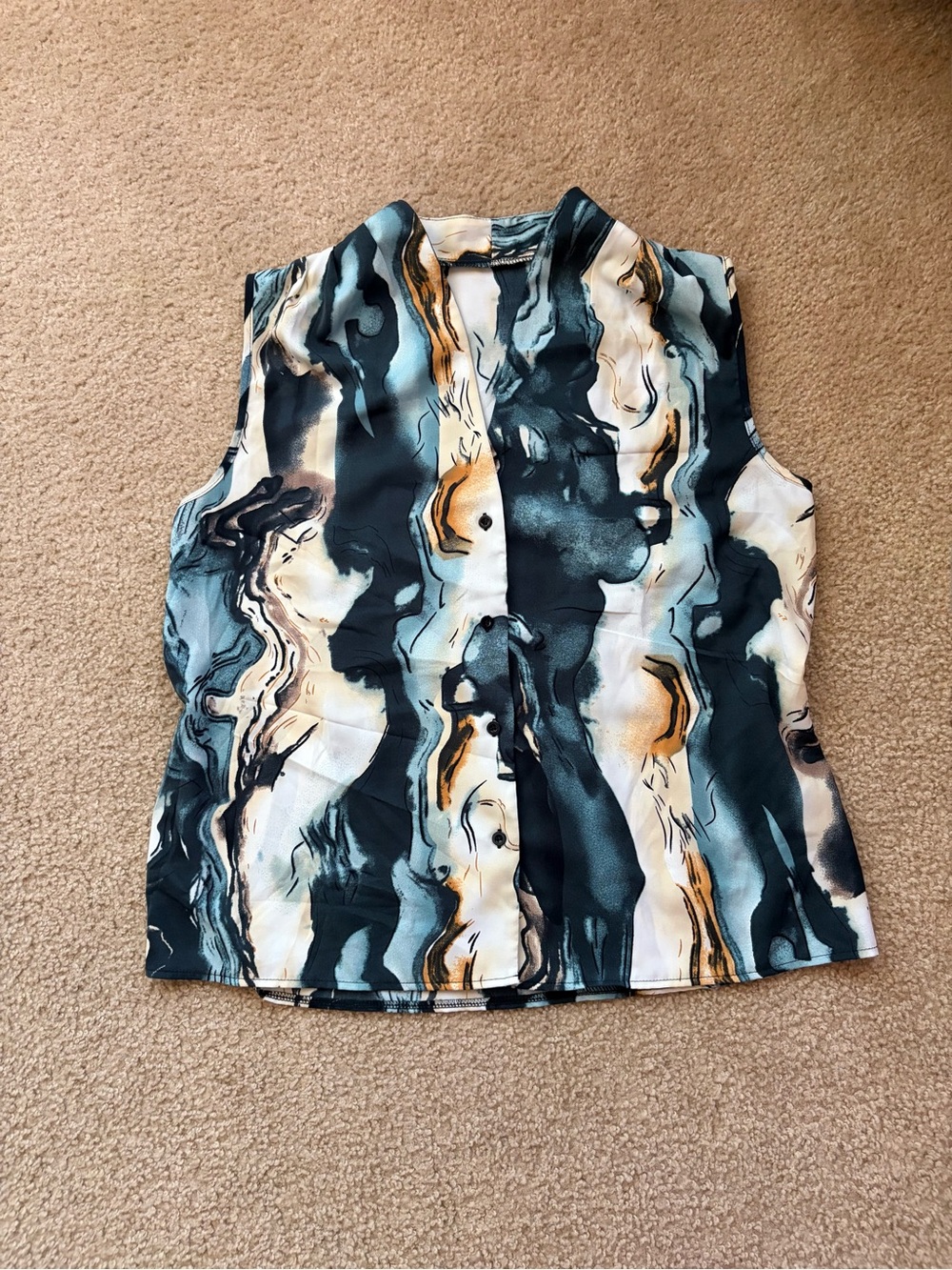 SHEIN Sleeveless Abstract Print Blouse in Teal, Cream & Gold